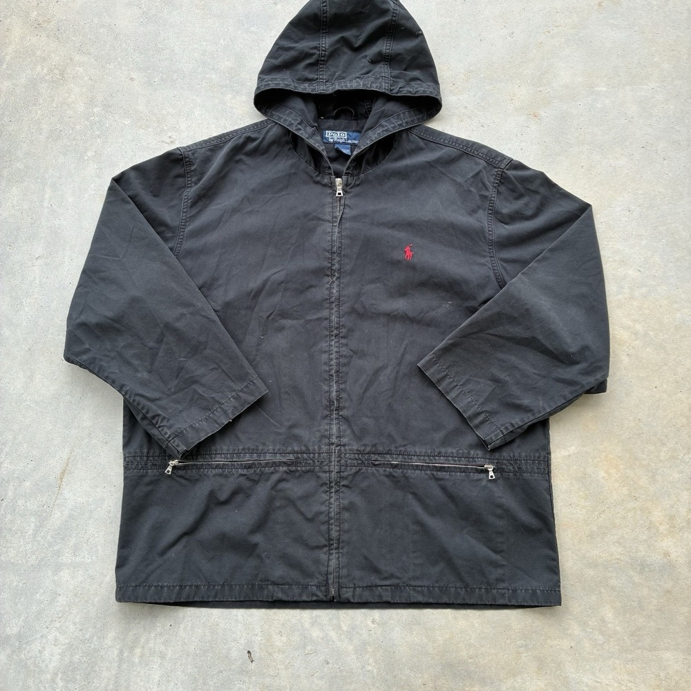 Vintage Polo Ralph Lauren Hooded Jacket Full Zip Twill Canvas Black Medium